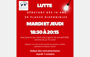 Ouverture créneaux supplémentaires pour lutteurs dès 14 ans